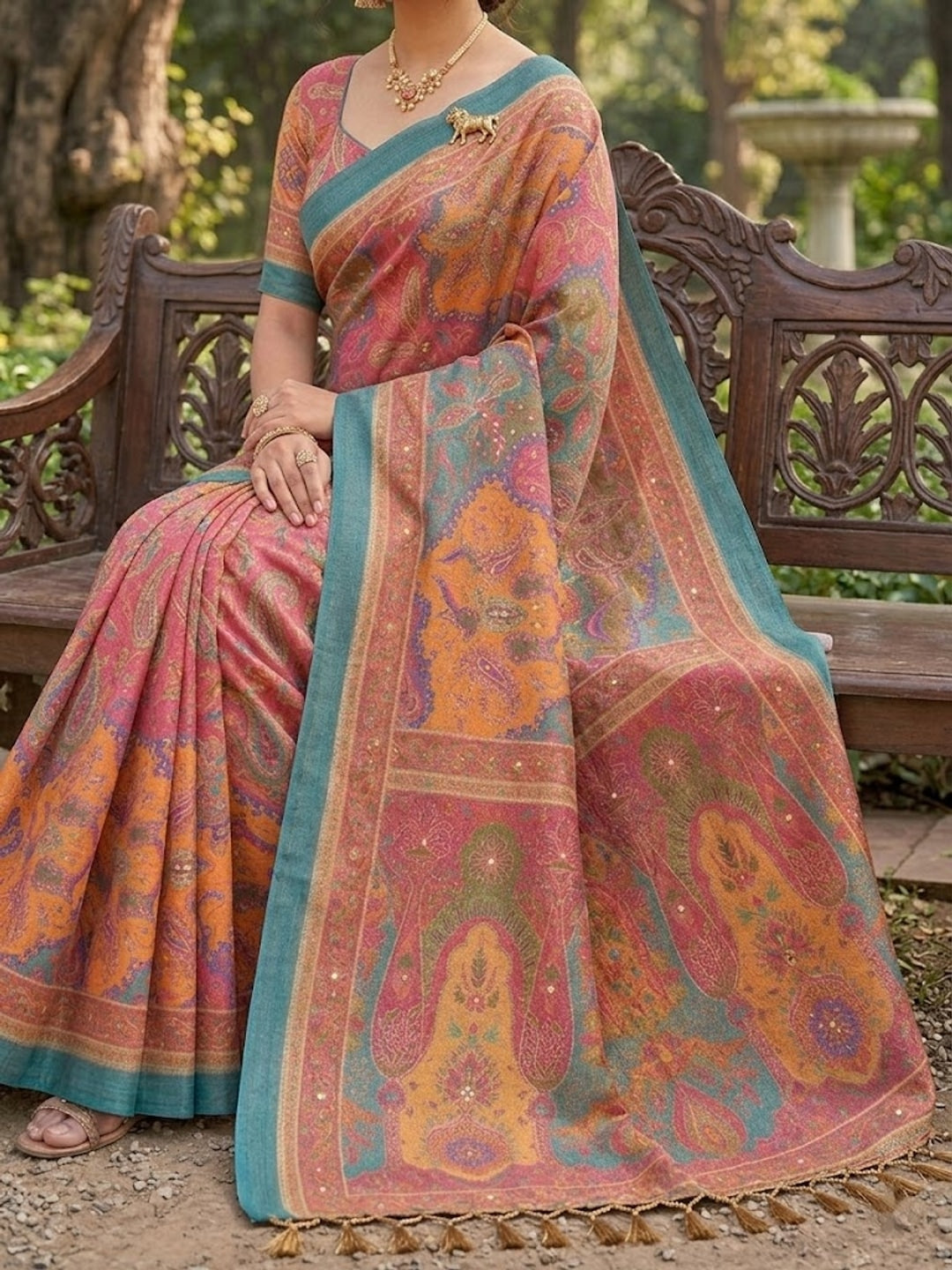 Peachmode Peach Multicolour Paisley Printed Erod Silk Saree With Mirror Work - Image 2