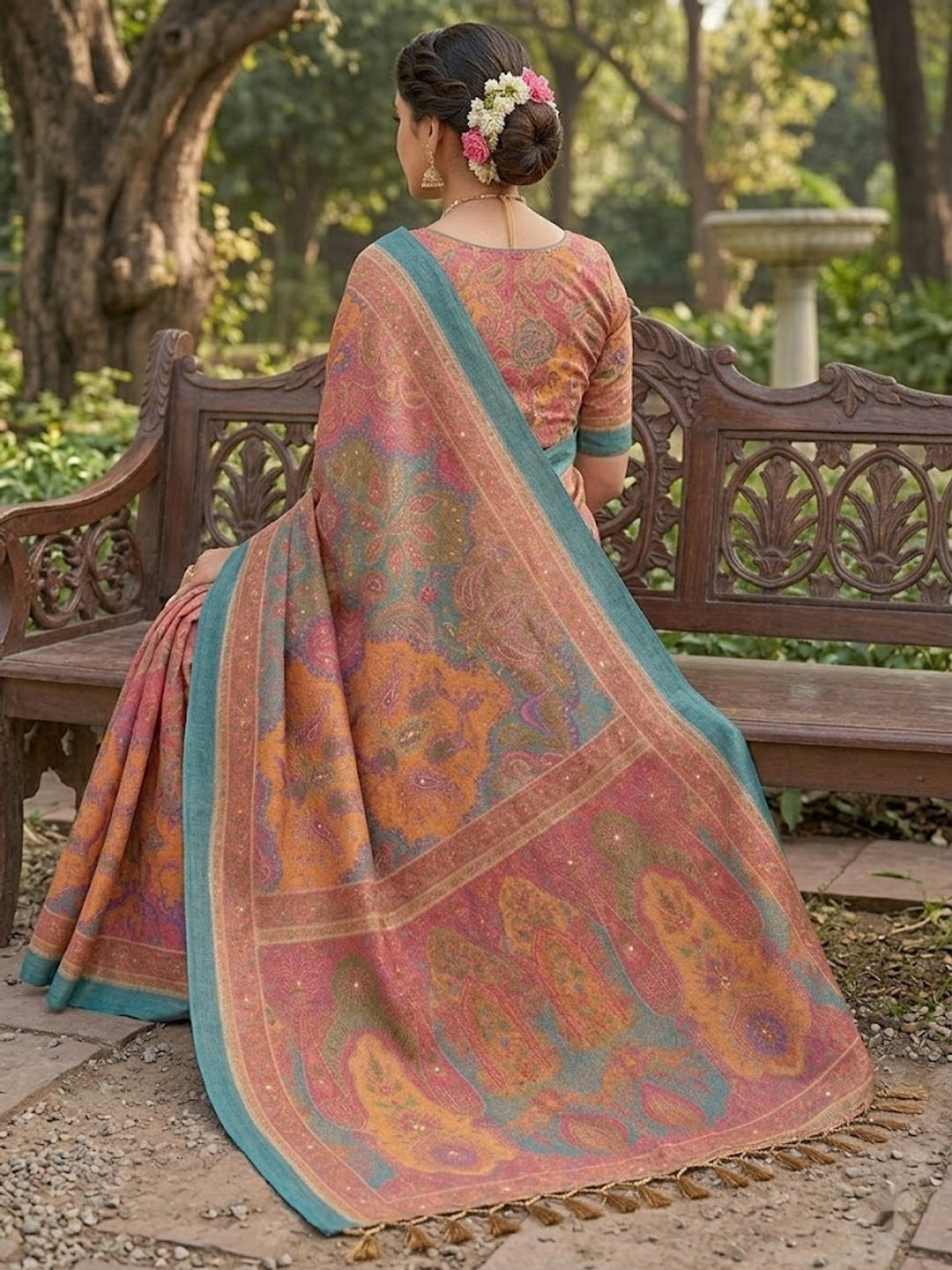 Peachmode Peach Multicolour Paisley Printed Erod Silk Saree With Mirror Work - Image 3
