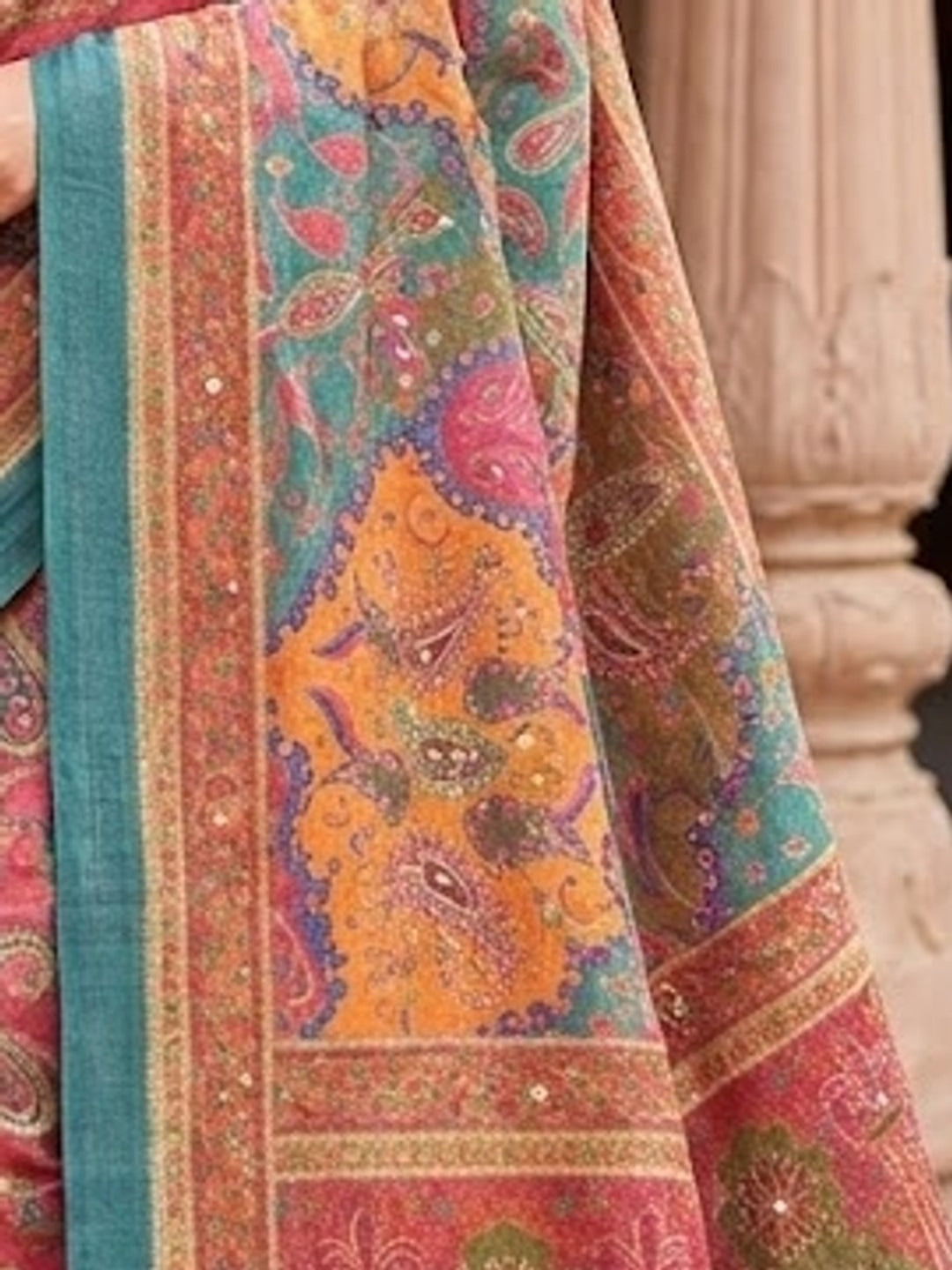 Peachmode Peach Multicolour Paisley Printed Erod Silk Saree With Mirror Work - Image 4