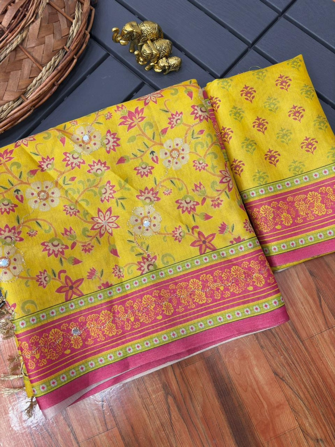 Peachmode Yellow Floral Printed Erod Silk Saree With Mirror Work - Image 4