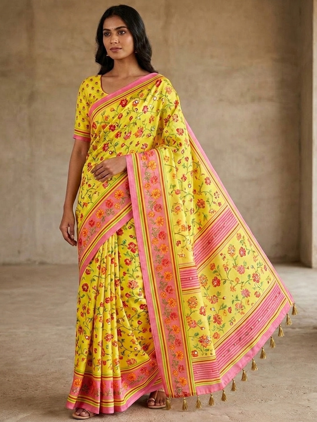Peachmode Yellow Floral Printed Erod Silk Saree With Mirror Work - Image 1