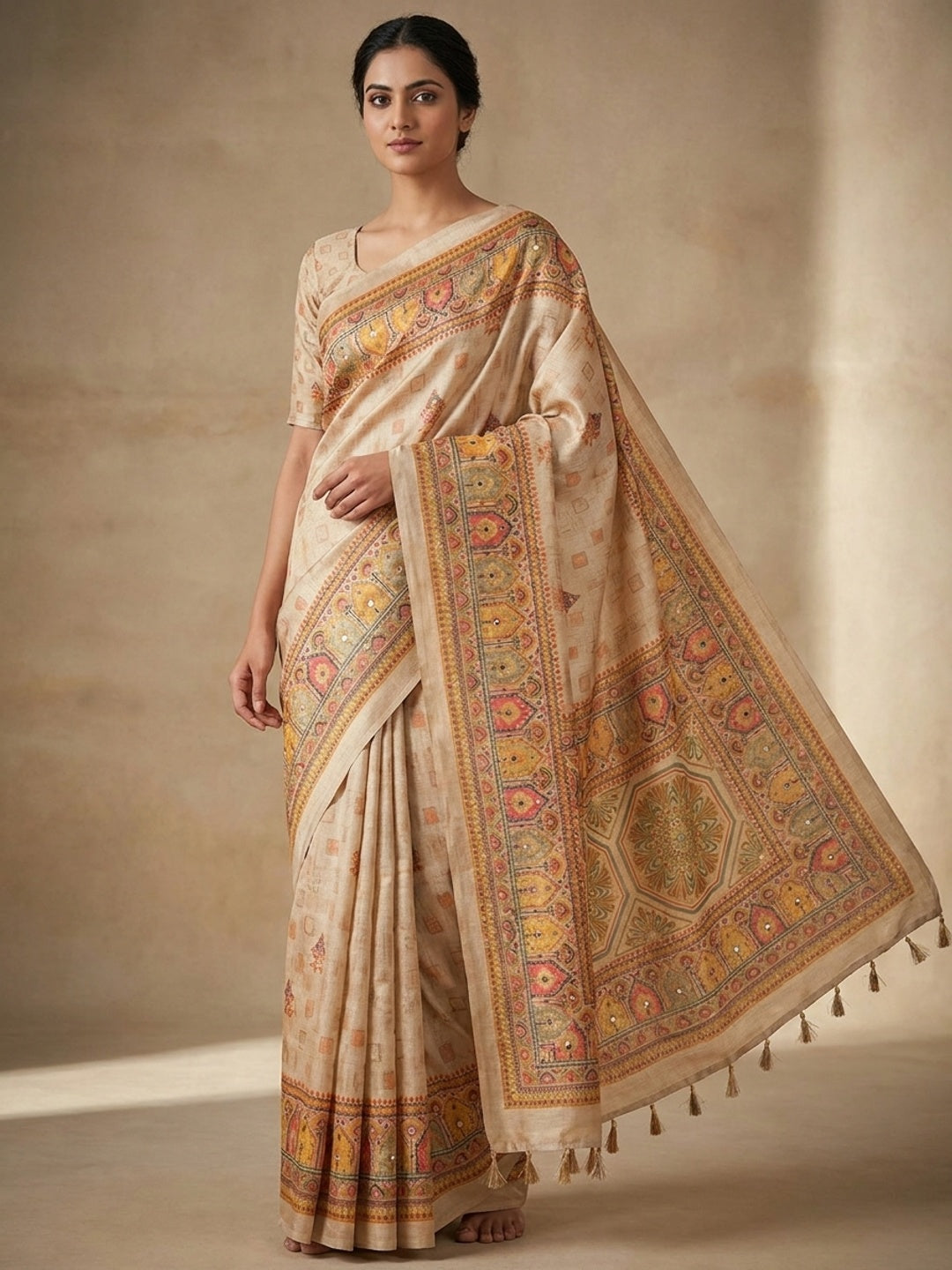 Peachmode Beige Ethnic Motif Printed Erod Silk Saree With Mirror Work - Image 1