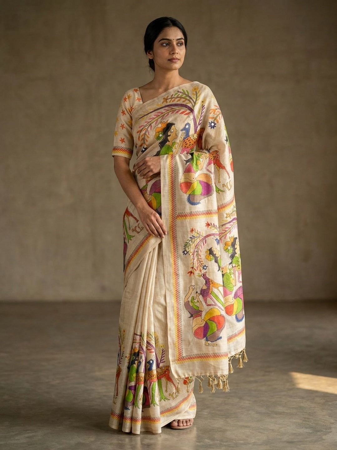 Peachmode Cream Folk Art Printed Erod Silk Saree With Mirror Work - Image 1