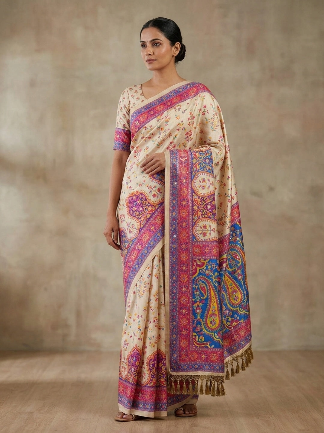 Peachmode Cream Paisley Printed Erod Silk Saree With Mirror Work - Image 1