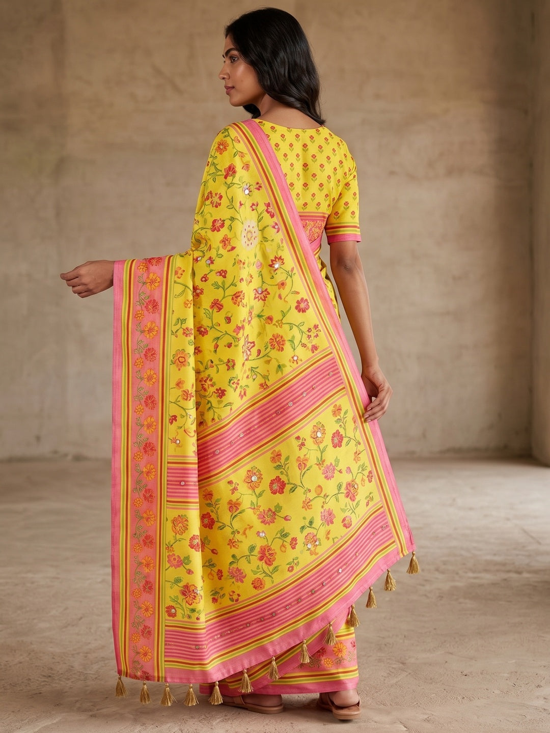 Peachmode Yellow Floral Printed Erod Silk Saree With Mirror Work - Image 2