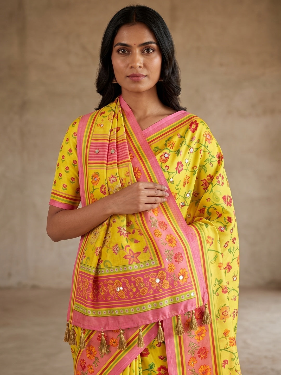 Peachmode Yellow Floral Printed Erod Silk Saree With Mirror Work - Image 3