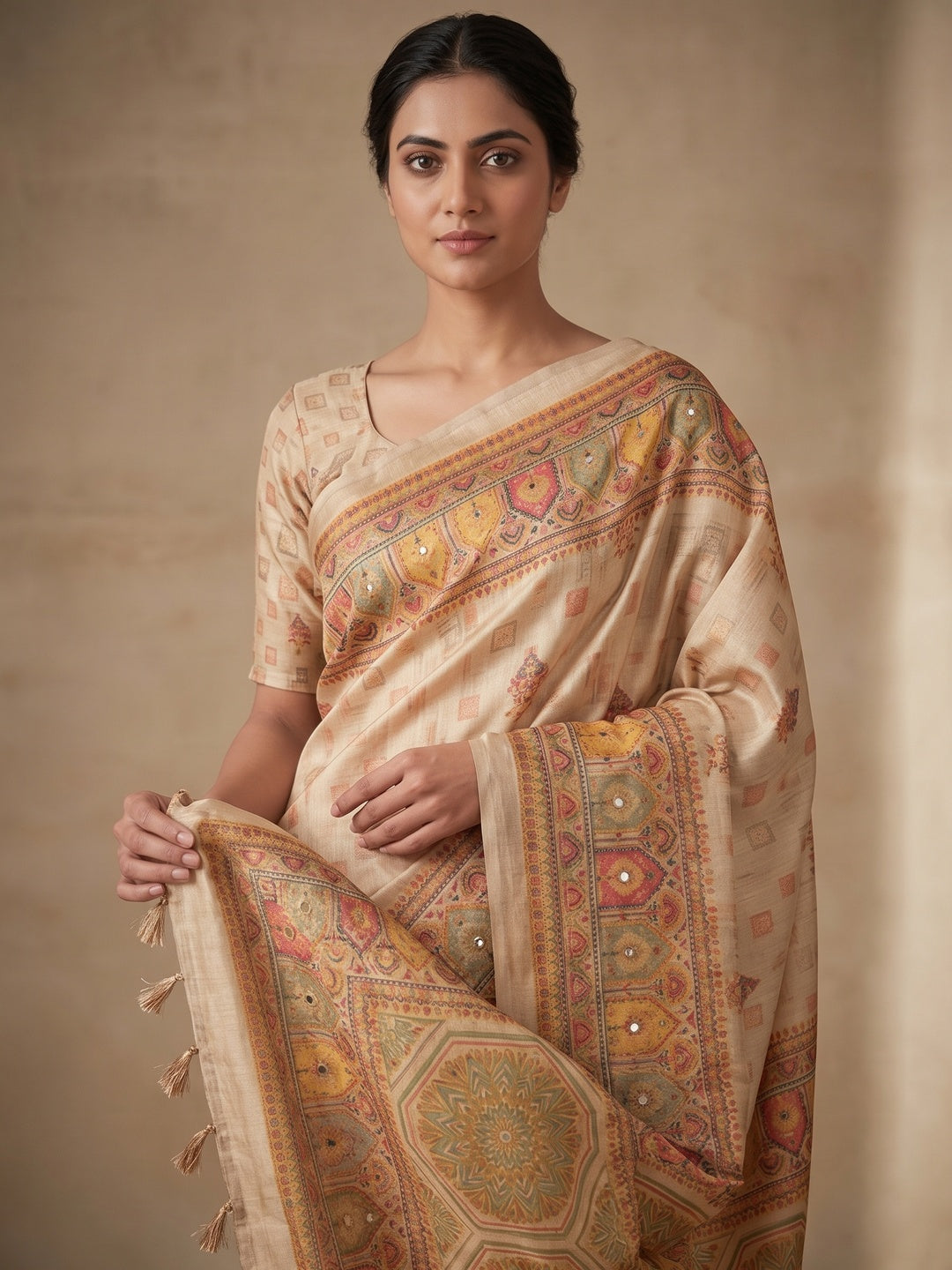 Peachmode Beige Ethnic Motif Printed Erod Silk Saree With Mirror Work - Image 3