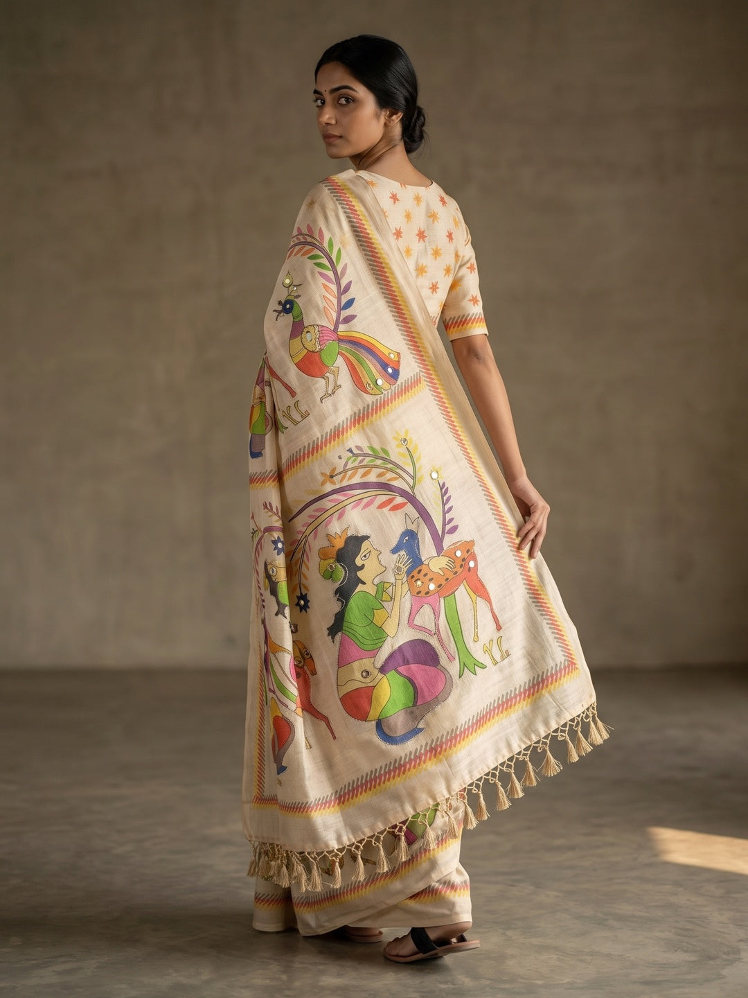 Peachmode Cream Folk Art Printed Erod Silk Saree With Mirror Work - Image 2