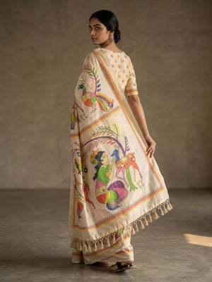 Peachmode Cream Folk Art Printed Erod Silk Saree With Mirror Work - Image 2