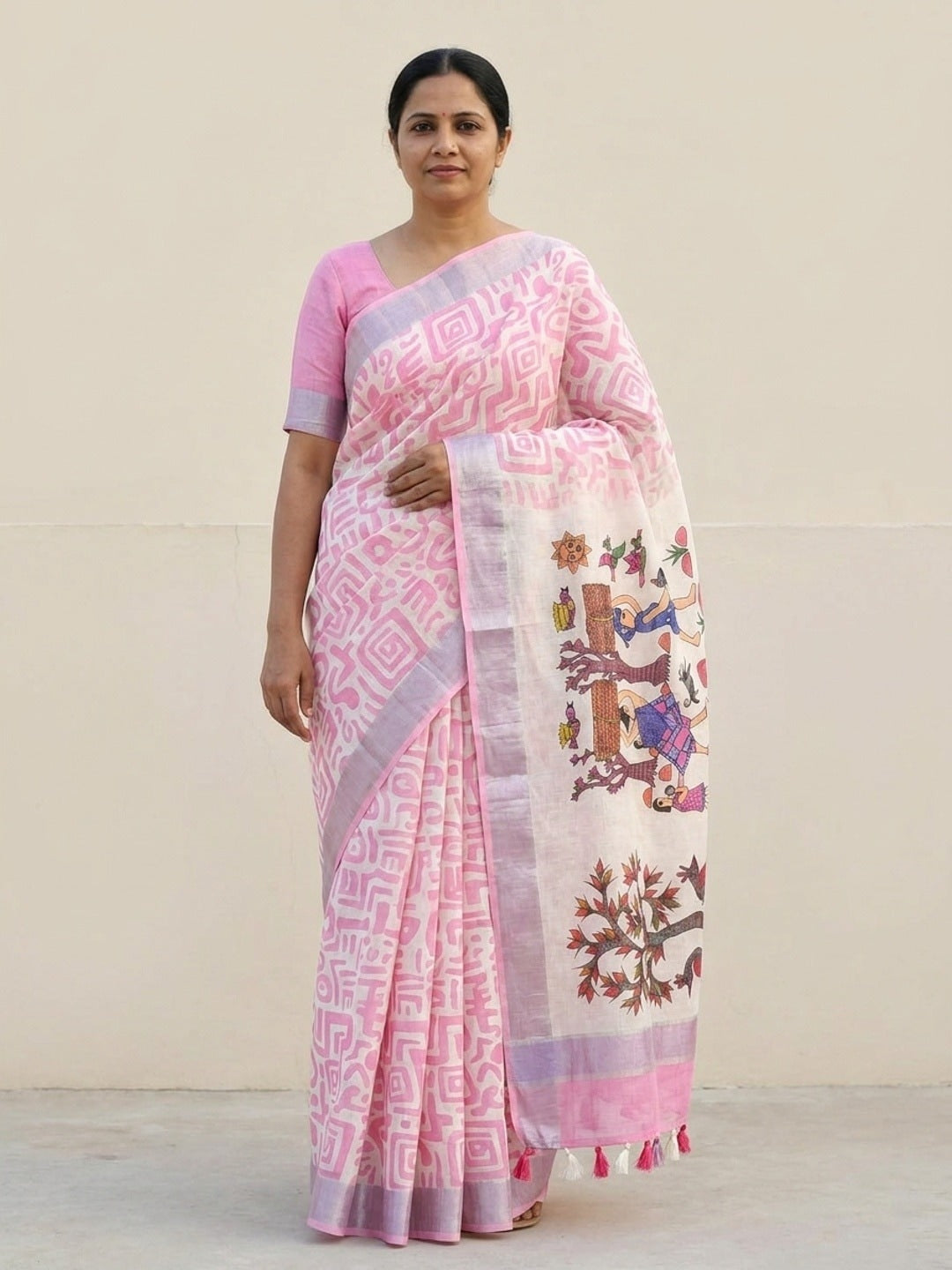 Peachmode Pink Abstract Print Linen Cotton Saree - Image 1