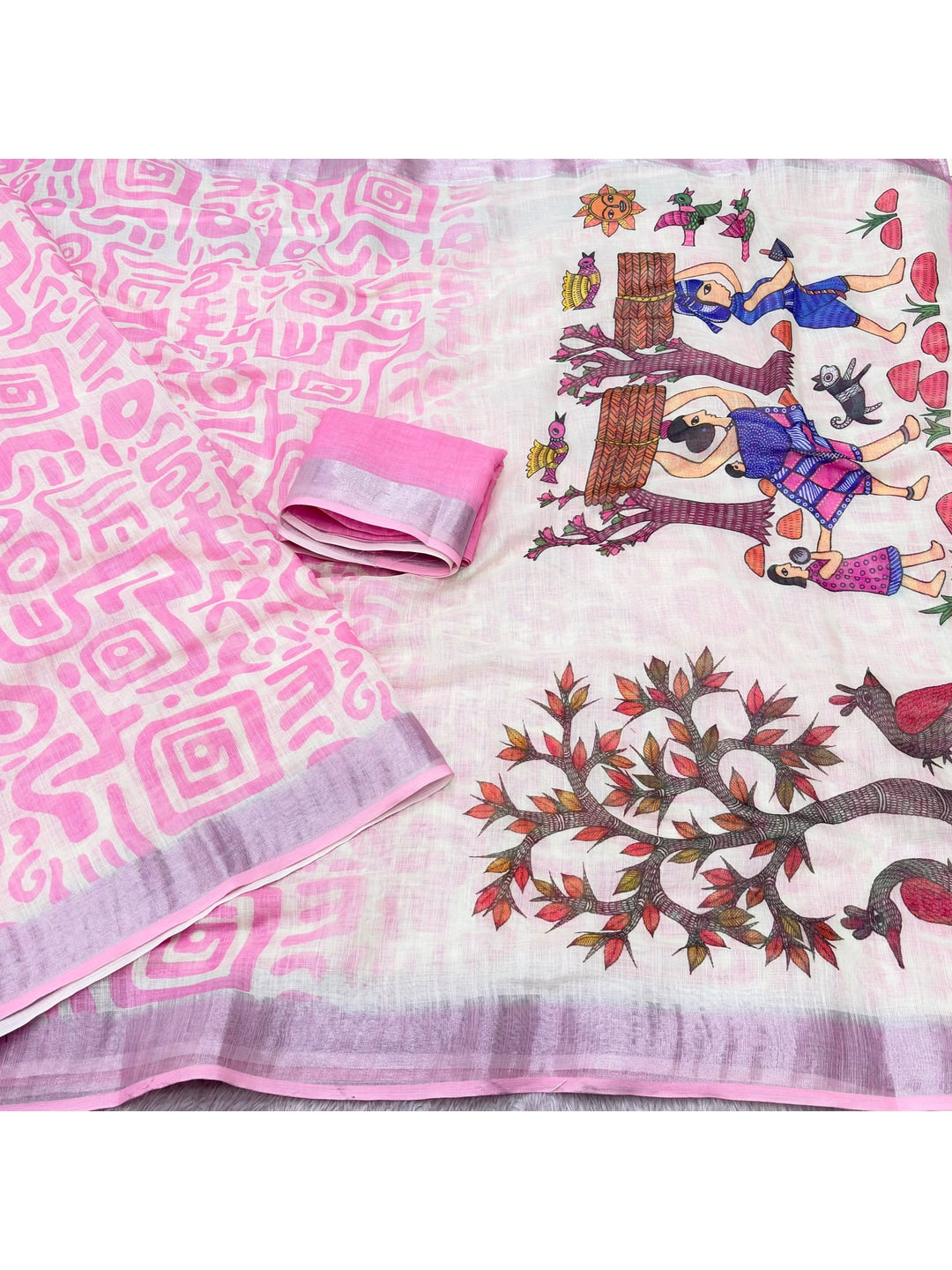 Peachmode Pink Abstract Print Linen Cotton Saree - Image 3