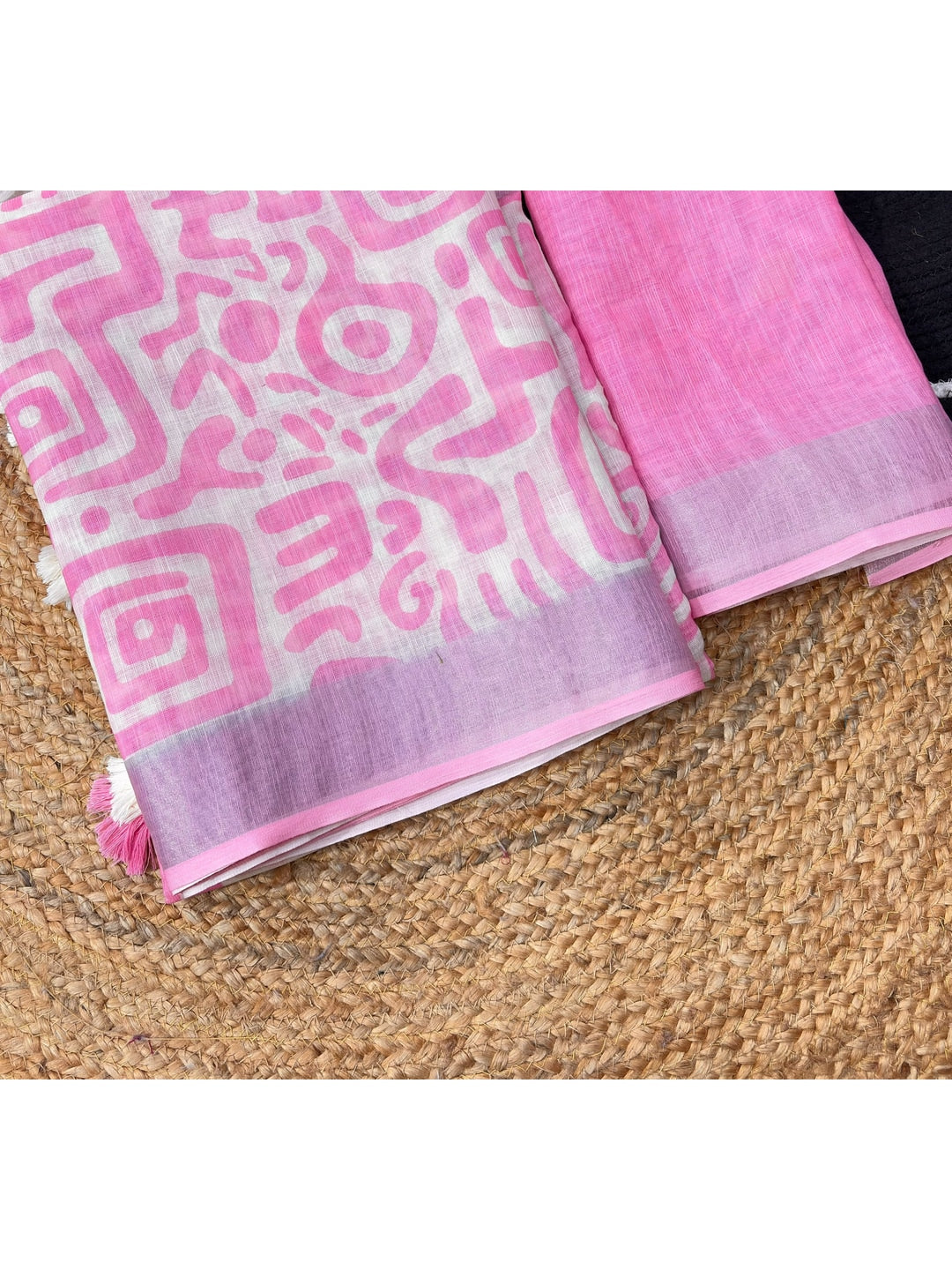 Peachmode Pink Abstract Print Linen Cotton Saree - Image 4