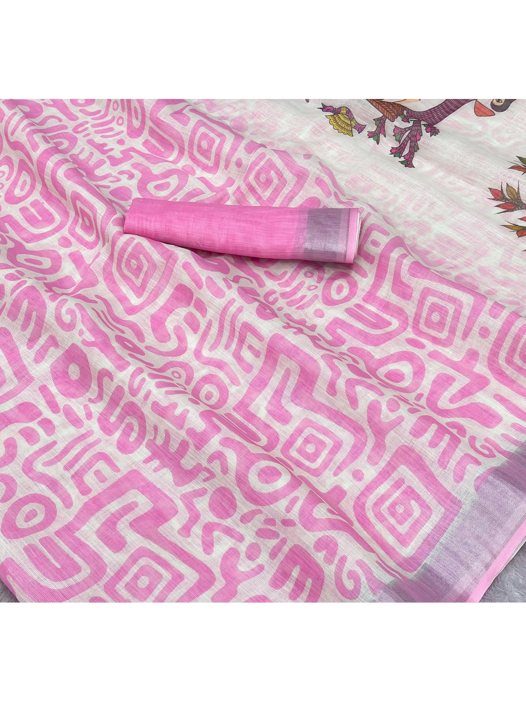Peachmode Pink Abstract Print Linen Cotton Saree - Image 5