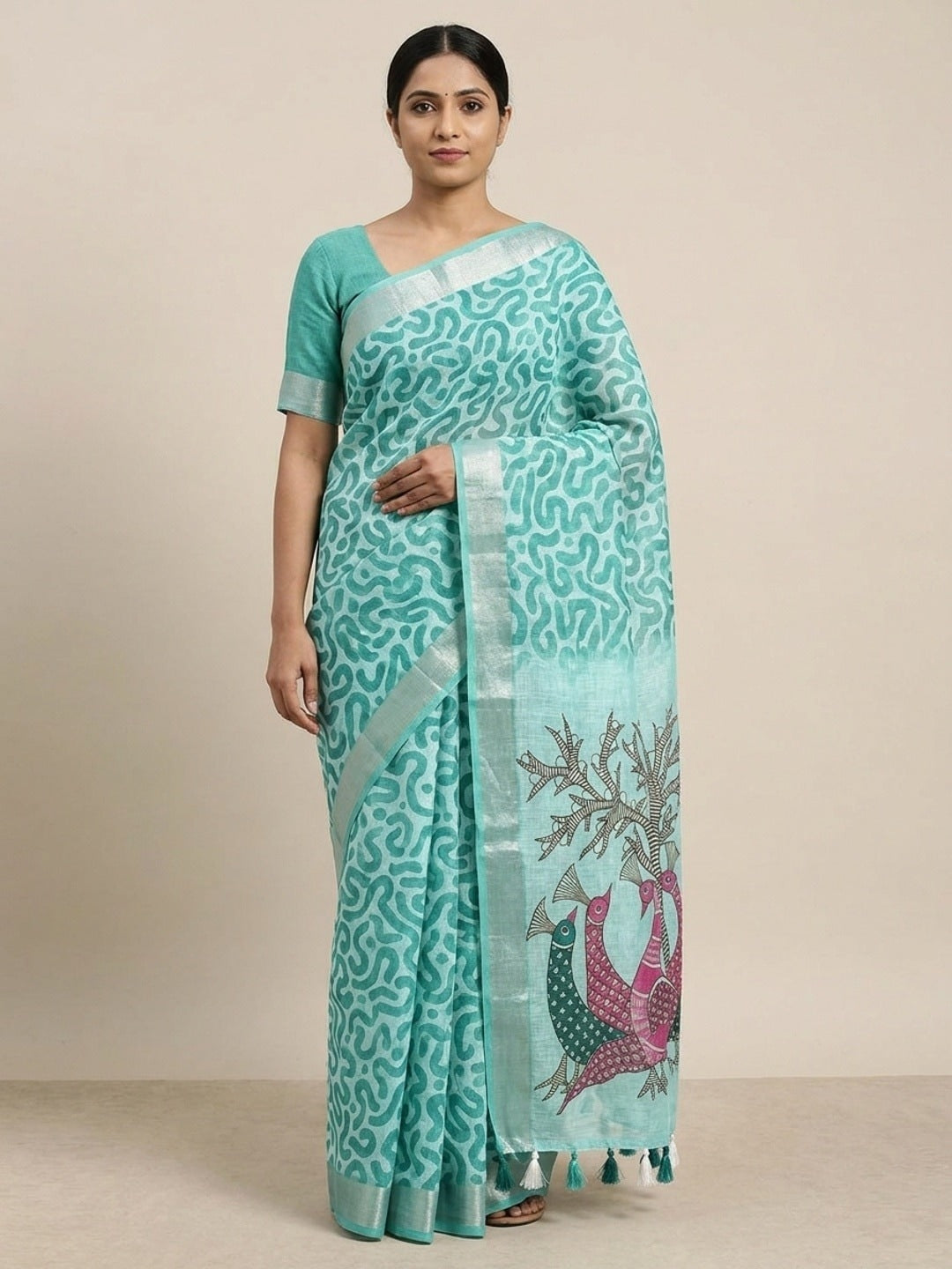 Peachmode Sea Green Abstract Print Linen Cotton Saree - Image 1
