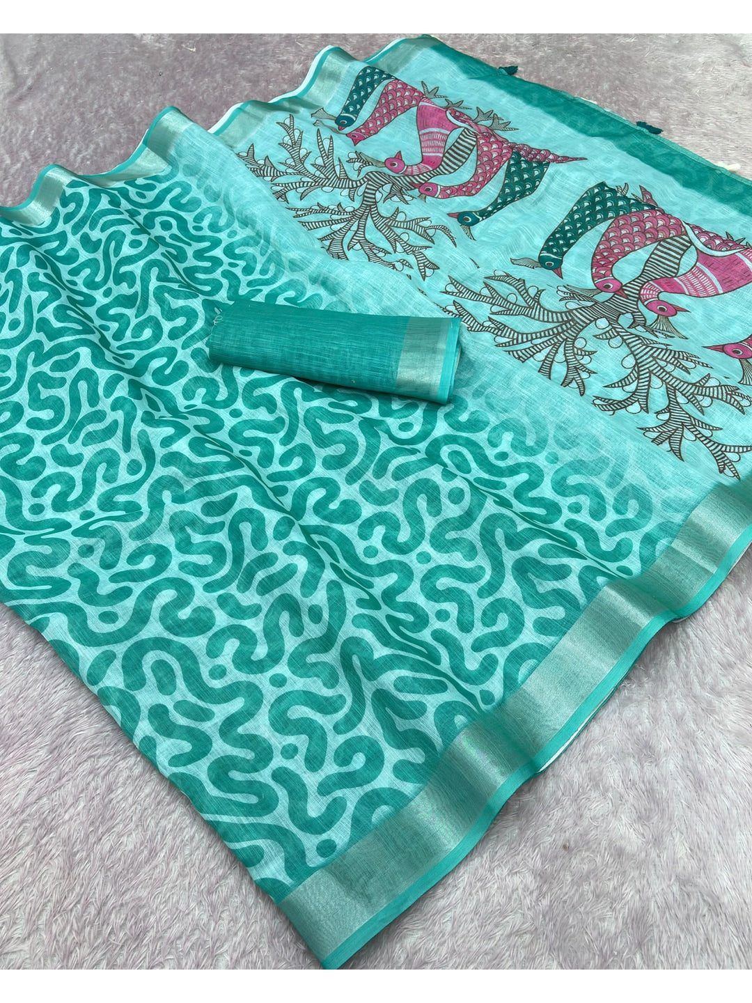 Peachmode Sea Green Abstract Print Linen Cotton Saree - Image 3