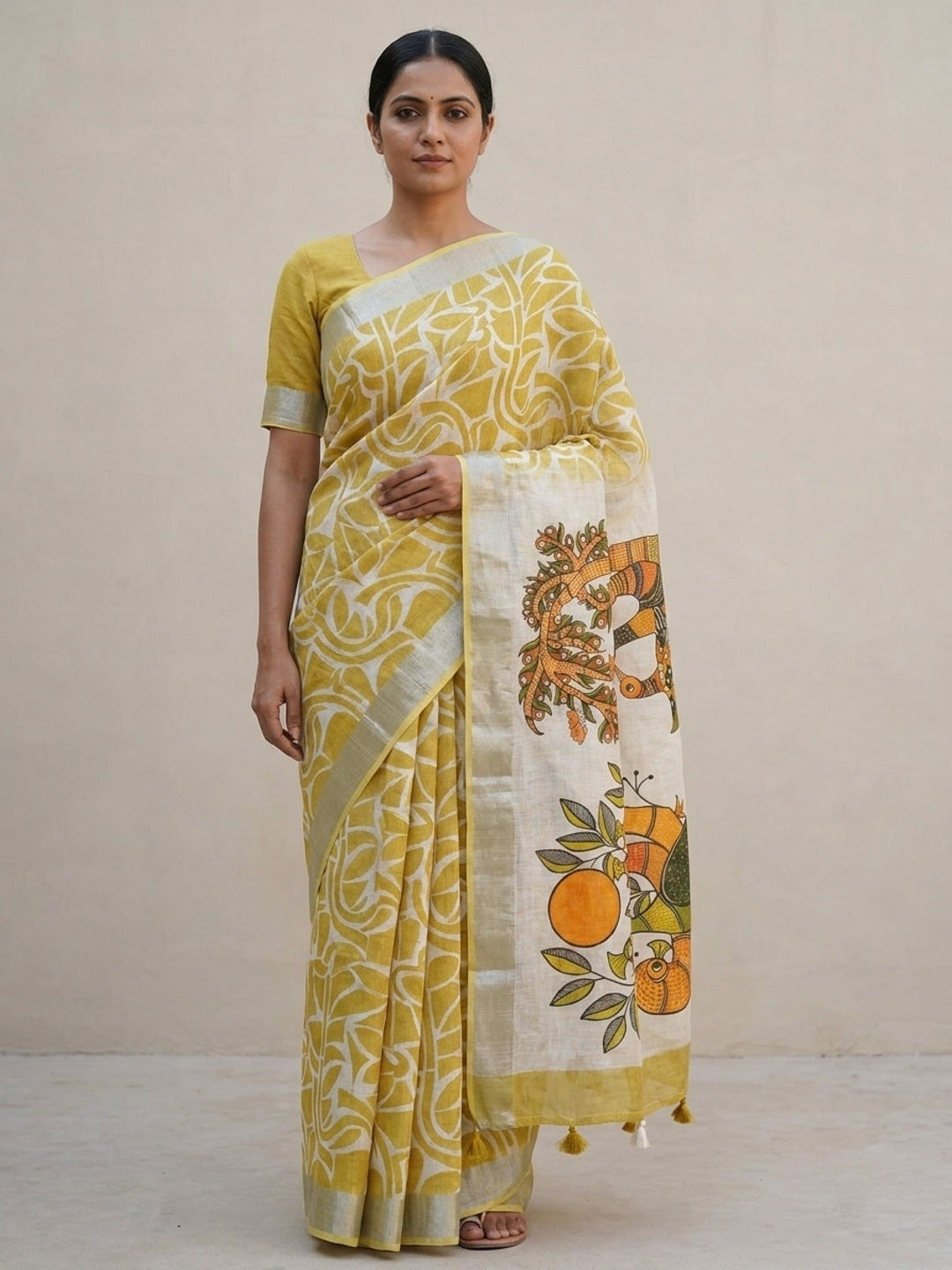 Peachmode Mustard Abstract Print Linen Cotton Saree - Image 1