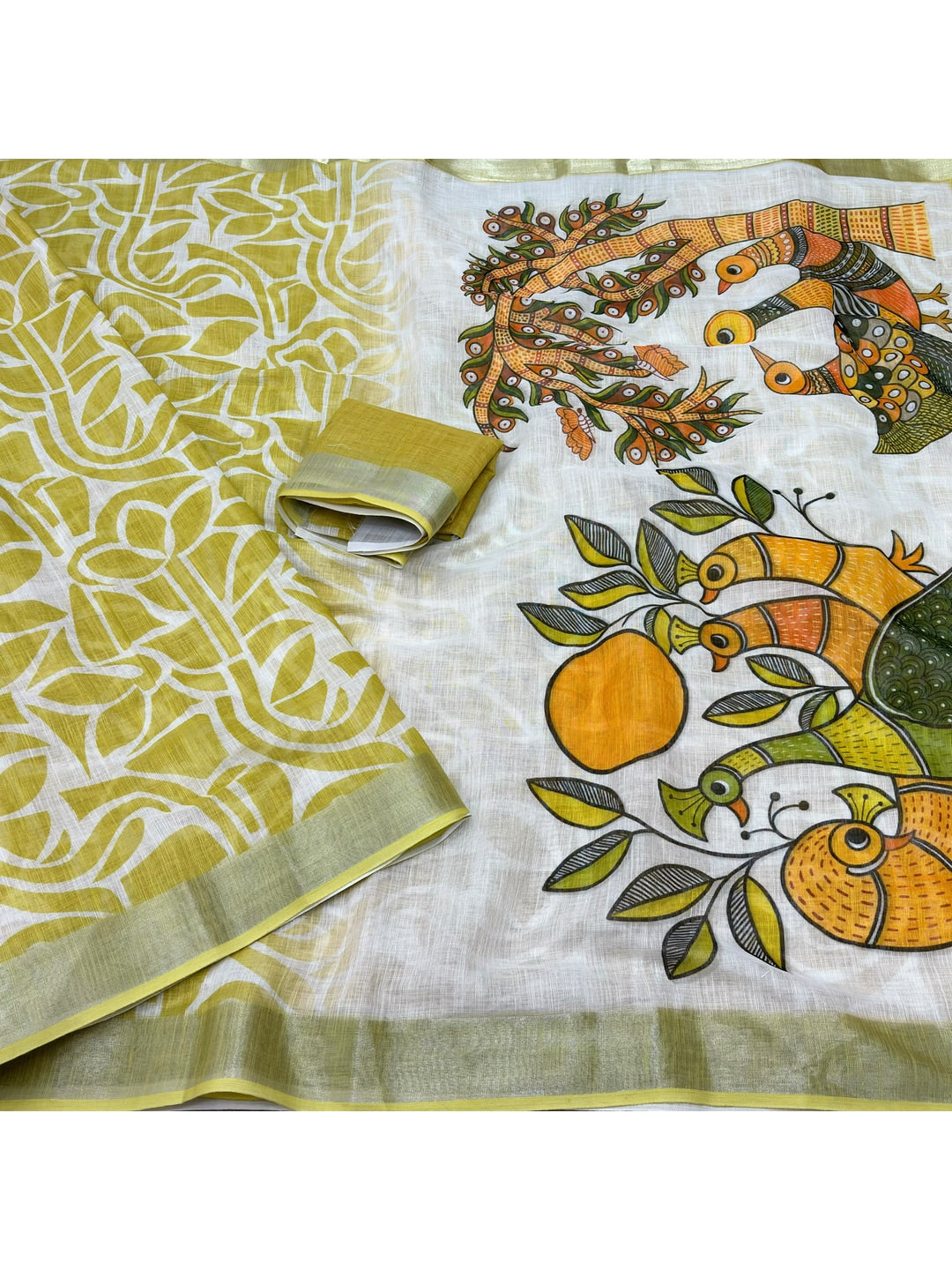 Peachmode Mustard Abstract Print Linen Cotton Saree - Image 3