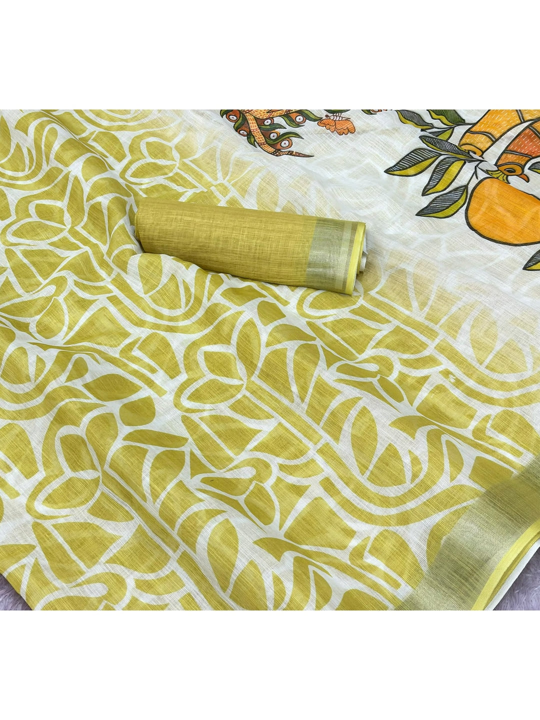 Peachmode Mustard Abstract Print Linen Cotton Saree - Image 5