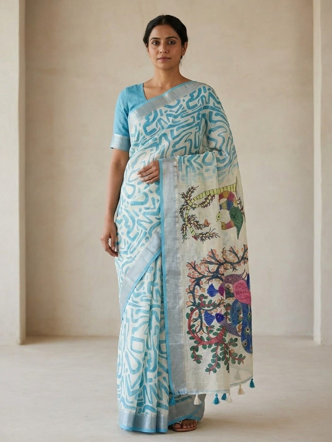 Peachmode Sky Blue Abstract Print Linen Cotton Saree - Image 1