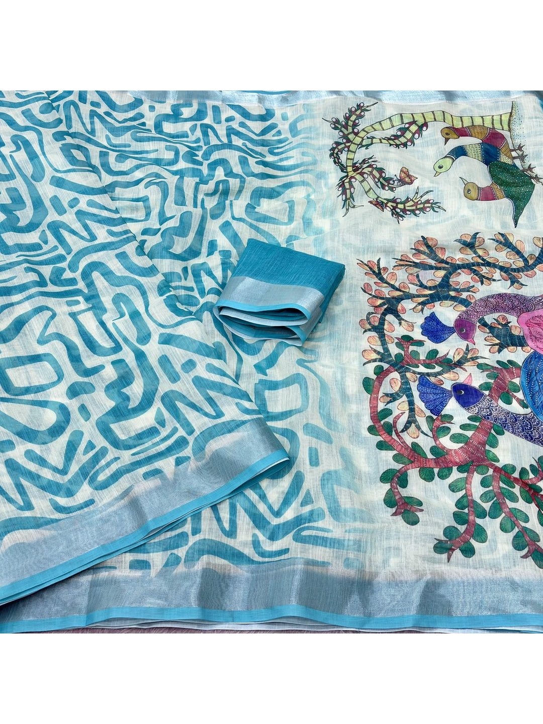 Peachmode Sky Blue Abstract Print Linen Cotton Saree - Image 3