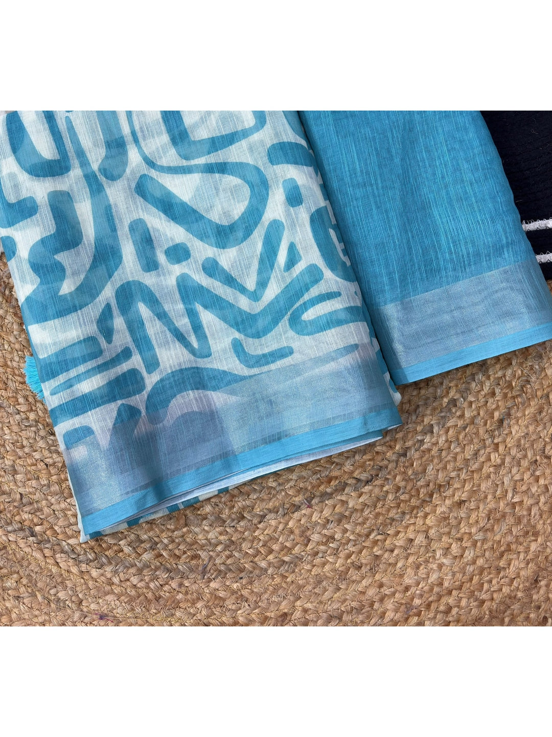 Peachmode Sky Blue Abstract Print Linen Cotton Saree - Image 4