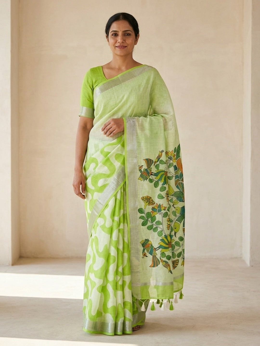 Peachmode Lime Green Abstract Print Linen Cotton Saree - Image 1