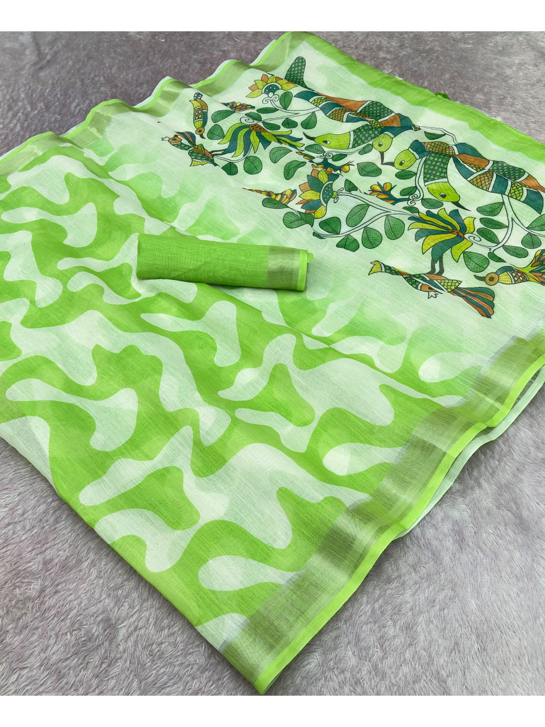 Peachmode Lime Green Abstract Print Linen Cotton Saree - Image 2