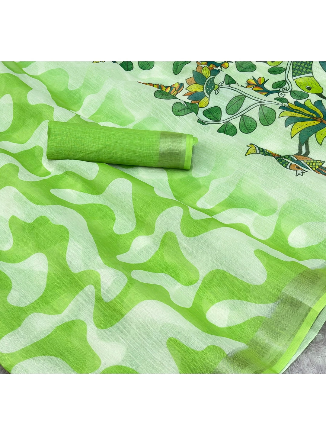 Peachmode Lime Green Abstract Print Linen Cotton Saree - Image 5