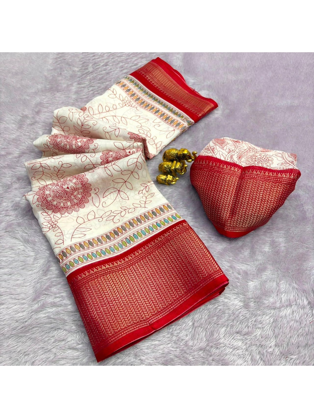 Peachmode White Floral Printed Dola Silk Saree With Red Zari Border - Image 4