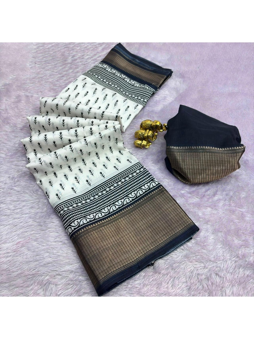 Peachmode White Buti Printed Dola Silk Saree With Black Zari Border - Image 3