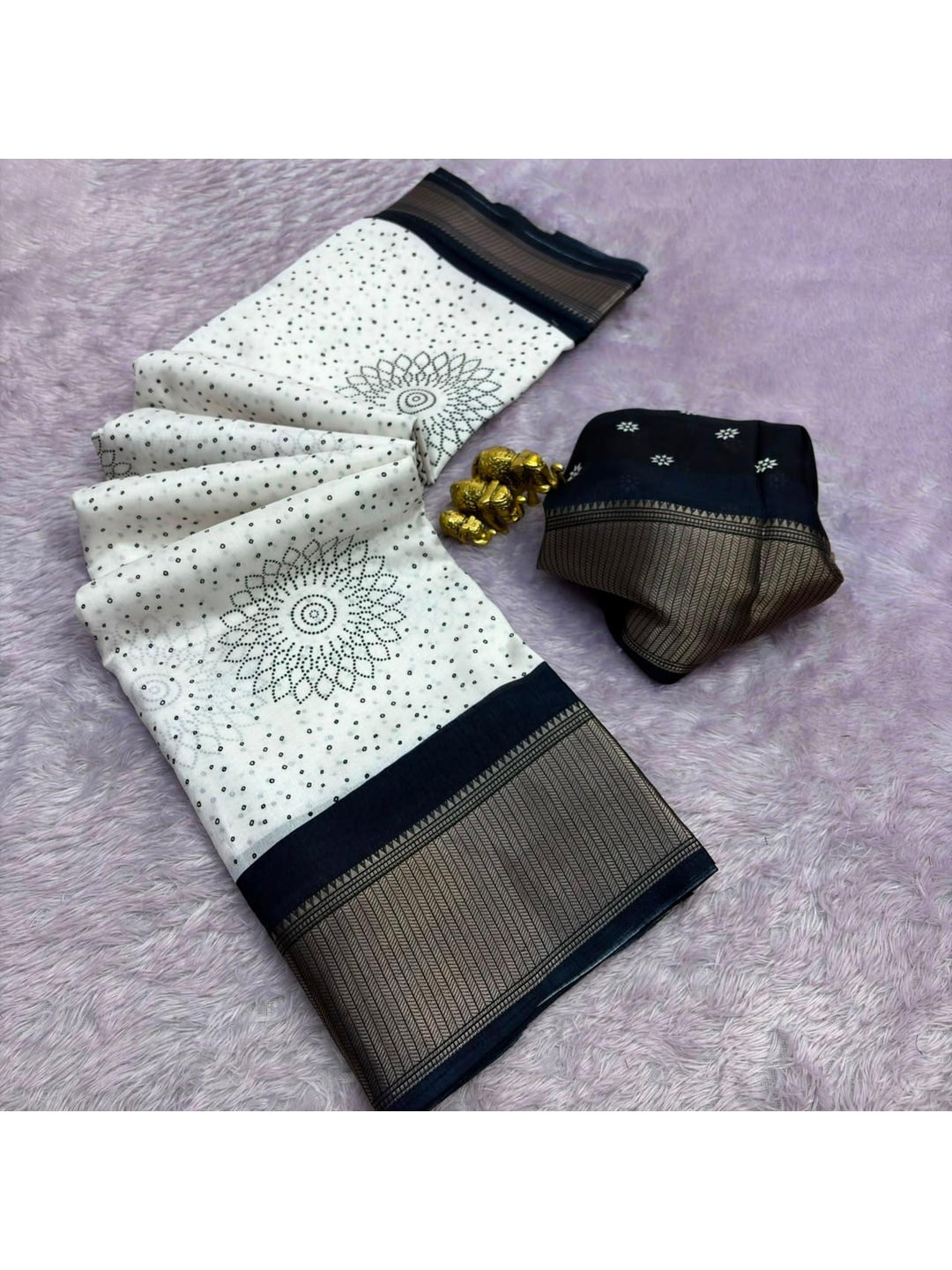 Peachmode White Mandala Dot Printed Dola Silk Saree With Black Zari Border - Image 5