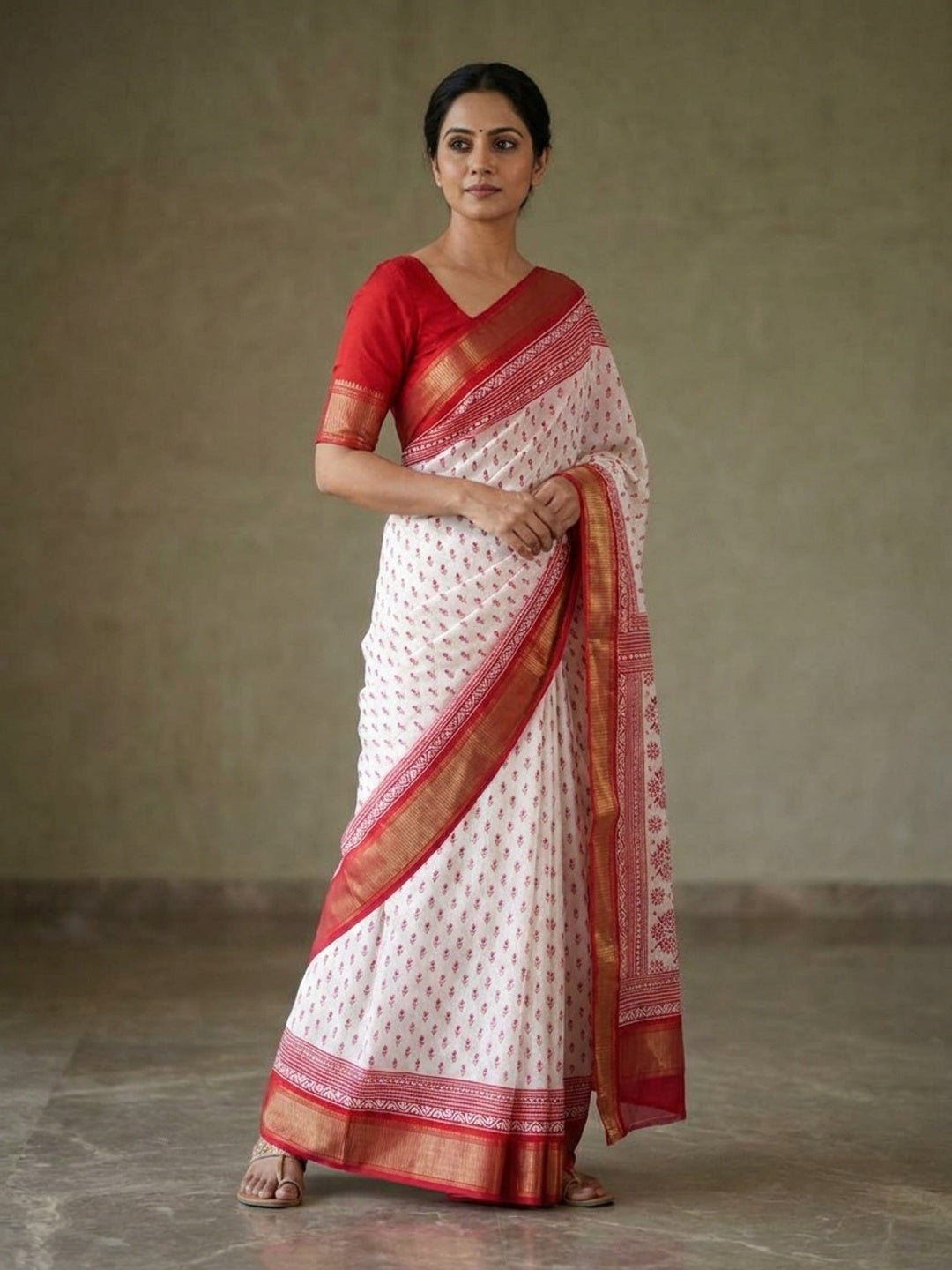 Peachmode White Buti Printed Dola Silk Saree With Red Zari Border - Image 1