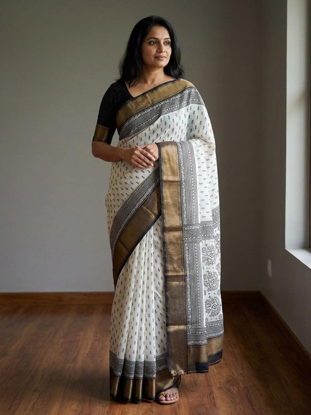 Peachmode White Buti Printed Dola Silk Saree With Black Zari Border - Image 1