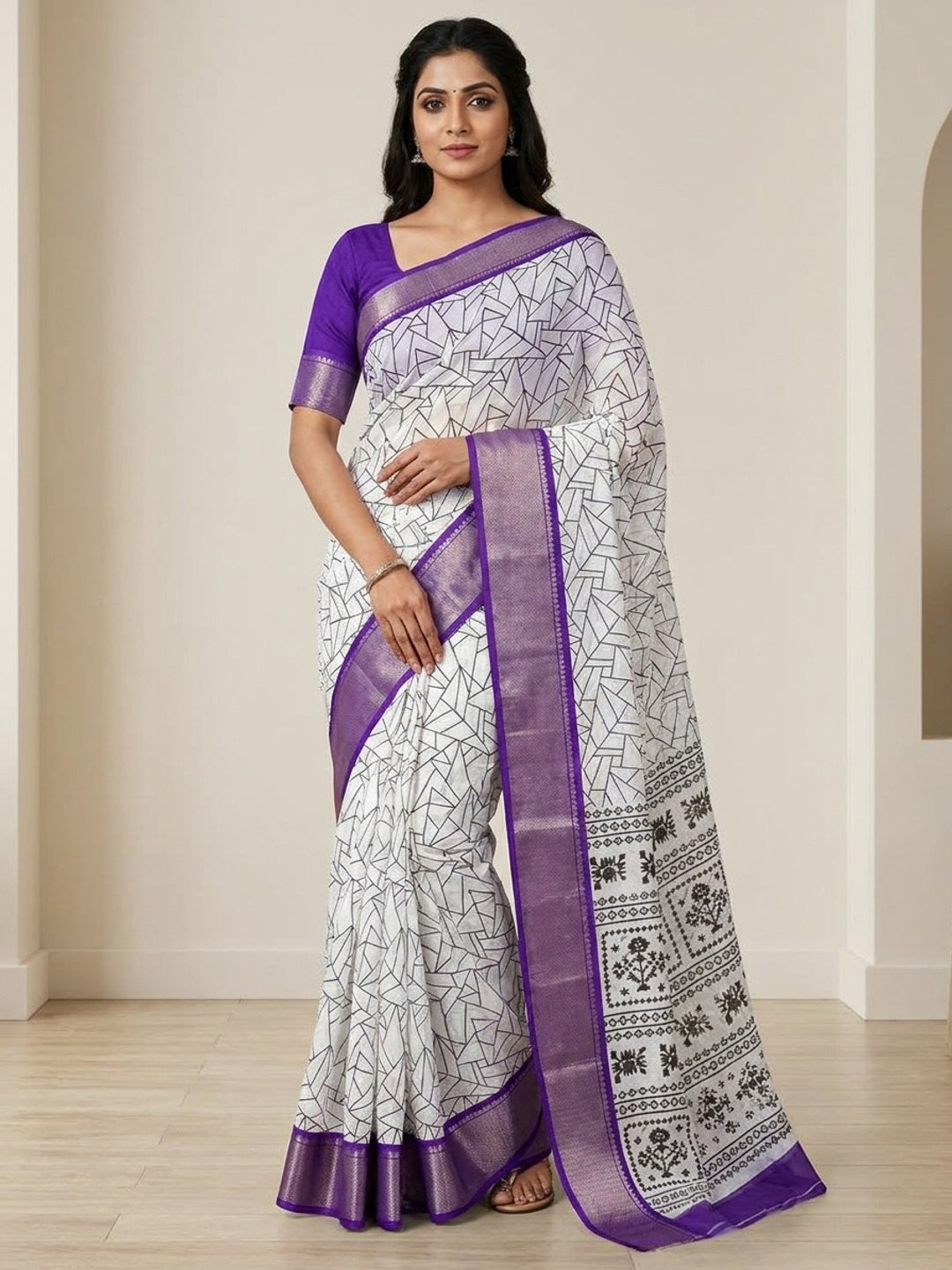 Peachmode White Geometric Printed Dola Silk Saree With Purple Zari Border - Image 1