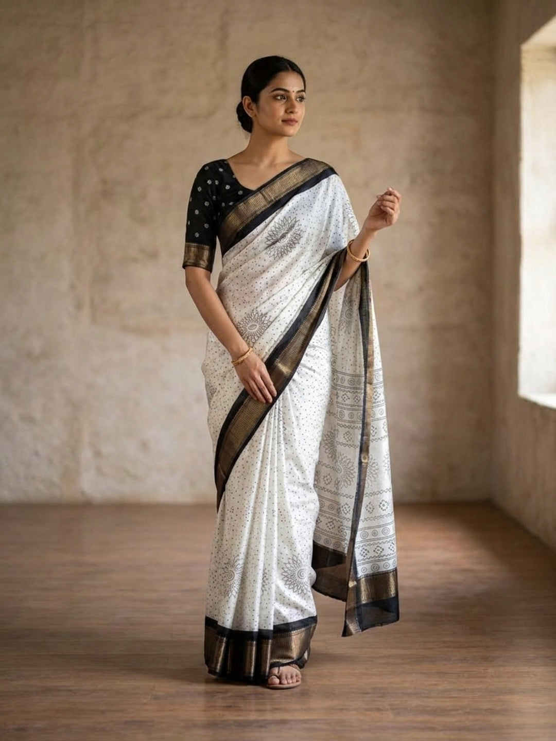 Peachmode White Mandala Dot Printed Dola Silk Saree With Black Zari Border - Image 1