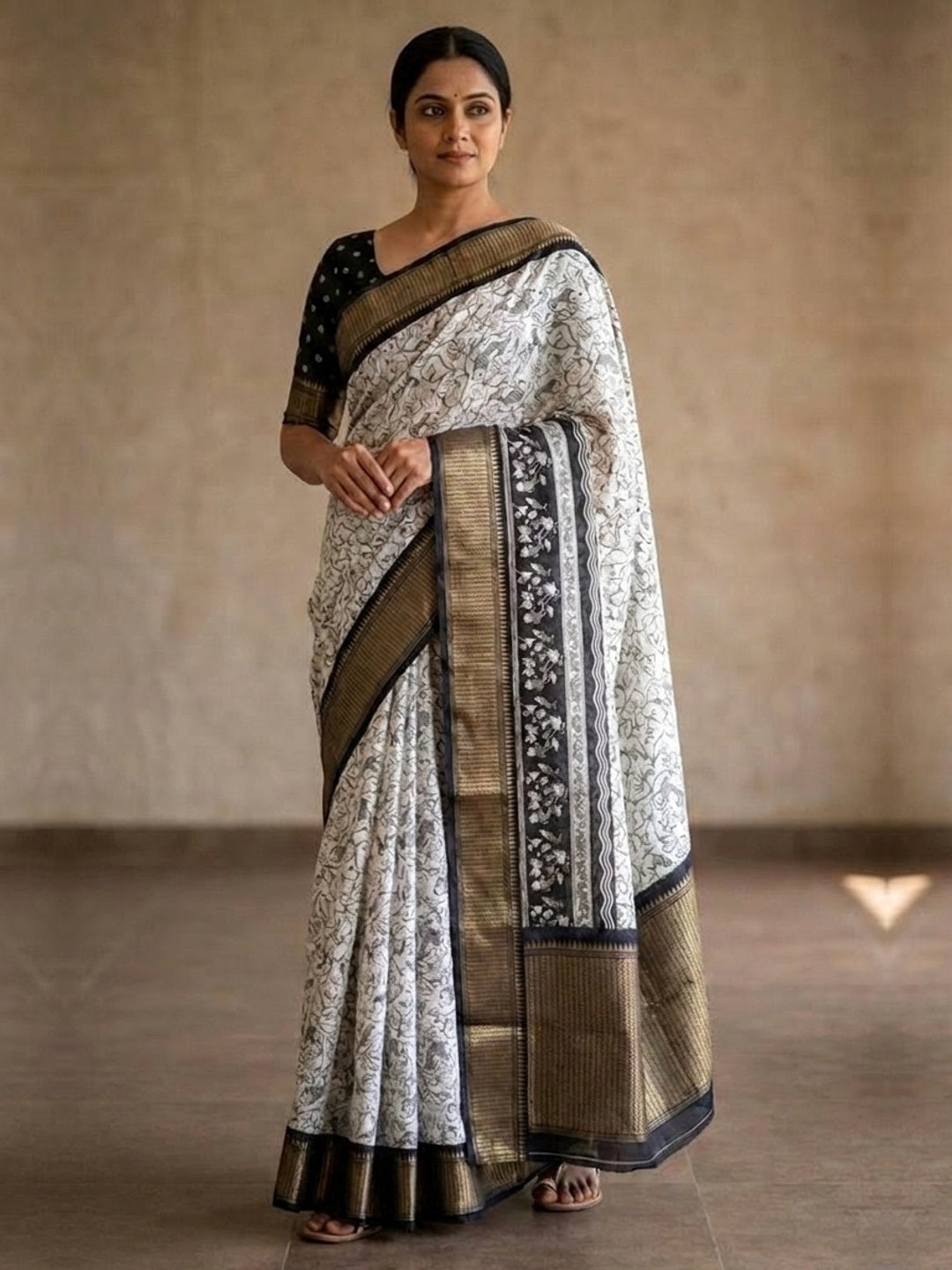 Peachmode White Floral Printed Dola Silk Saree With Black Zari Border - Image 1