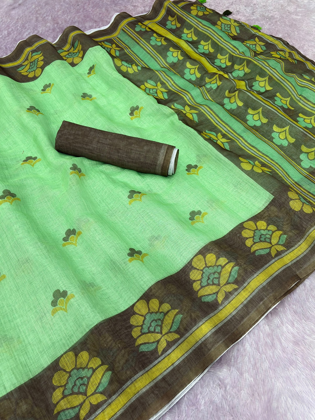 Peachmode Light Green Printed Linen Cotton Saree - Image 2