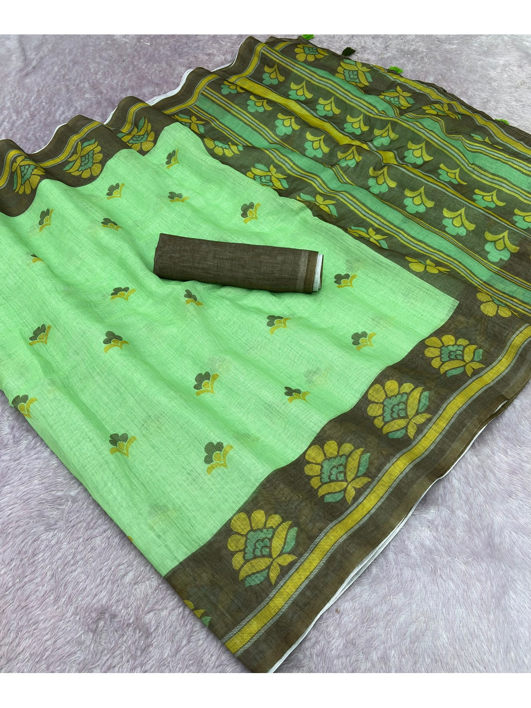 Peachmode Light Green Printed Linen Cotton Saree - Image 3