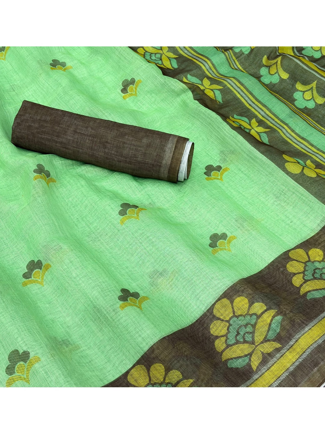 Peachmode Light Green Printed Linen Cotton Saree - Image 5