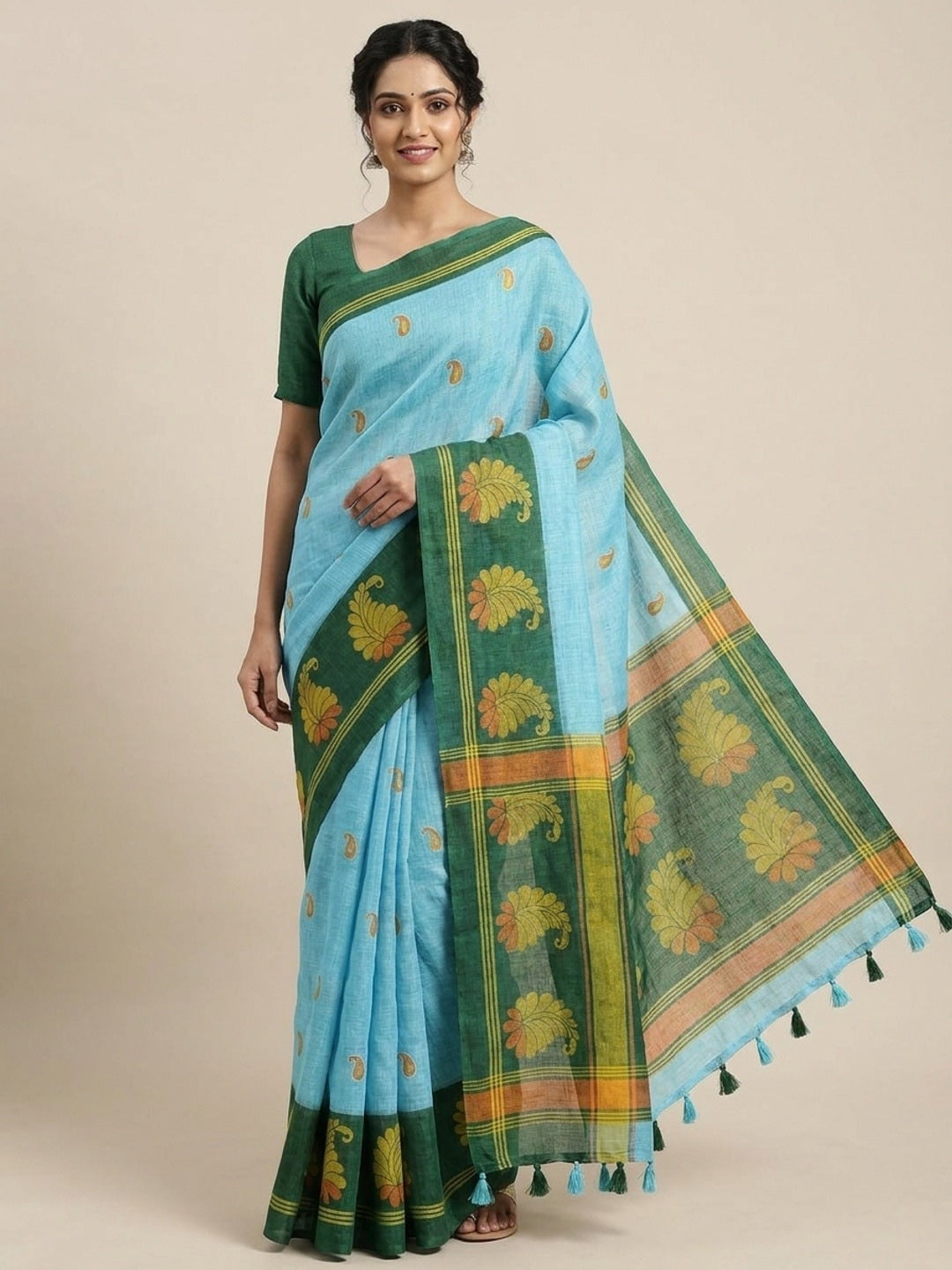 Peachmode Sky Blue Printed Linen Cotton Saree - Image 1