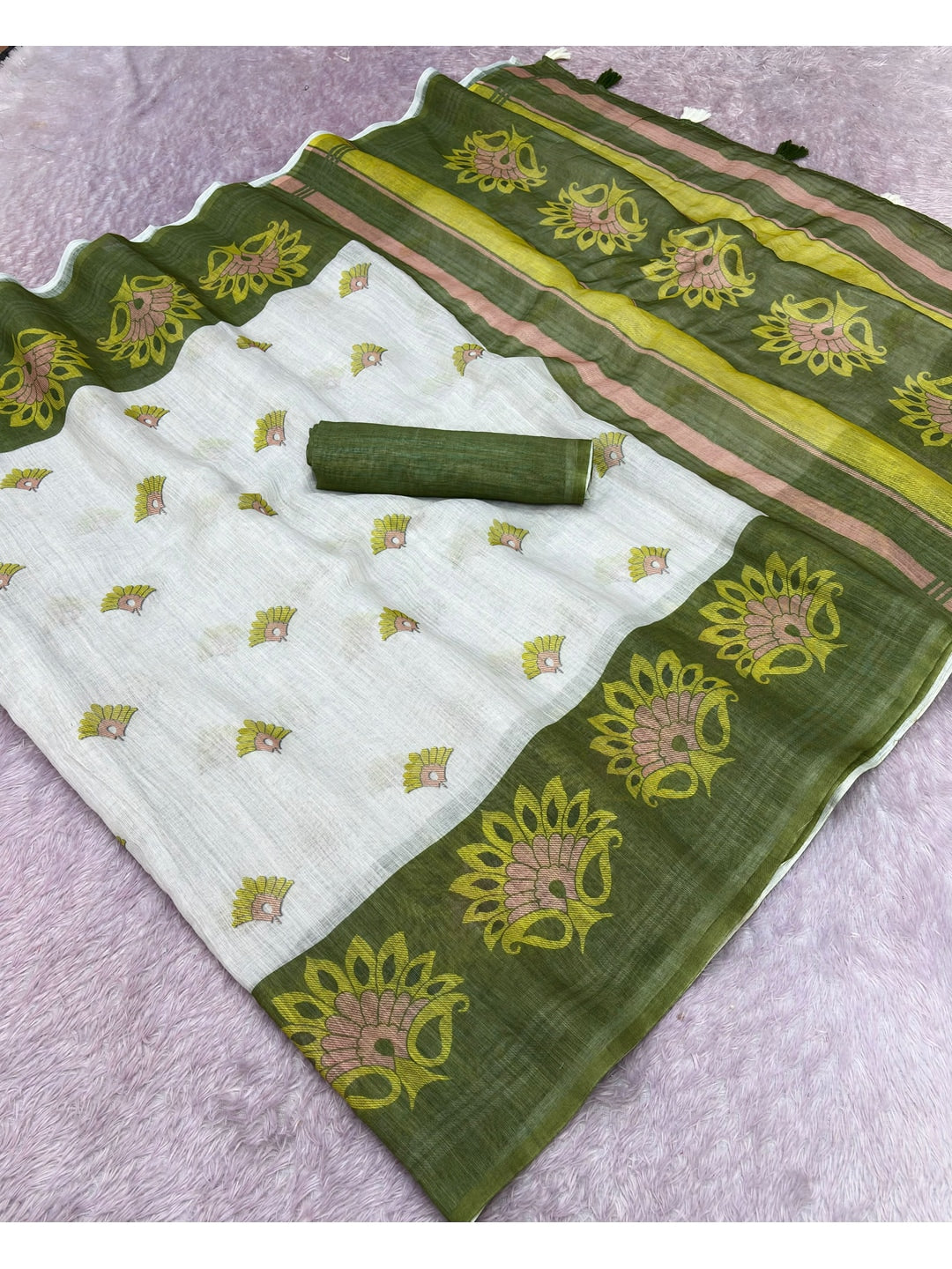 Peachmode Offwhite Printed Linen Cotton Saree - Image 2