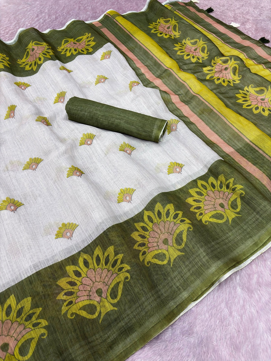 Peachmode Offwhite Printed Linen Cotton Saree - Image 3
