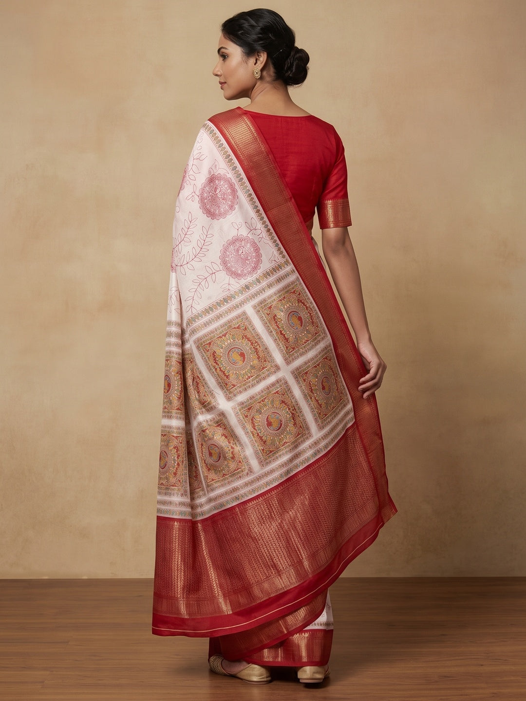 Peachmode White Floral Printed Dola Silk Saree With Red Zari Border - Image 2