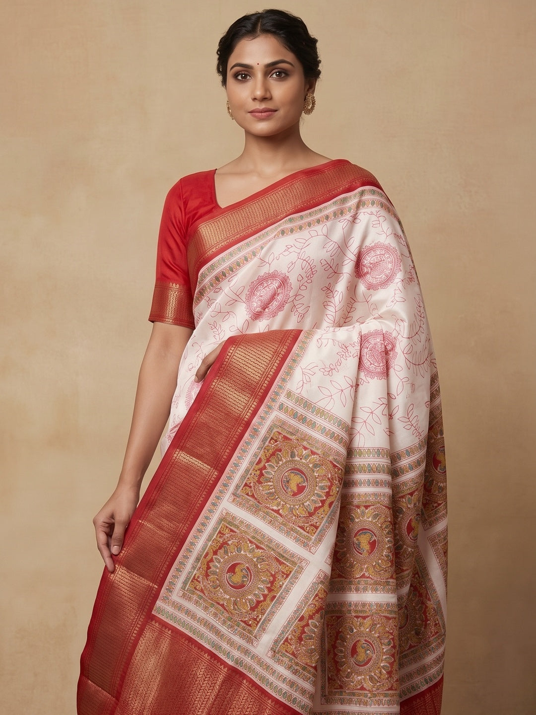 Peachmode White Floral Printed Dola Silk Saree With Red Zari Border - Image 3