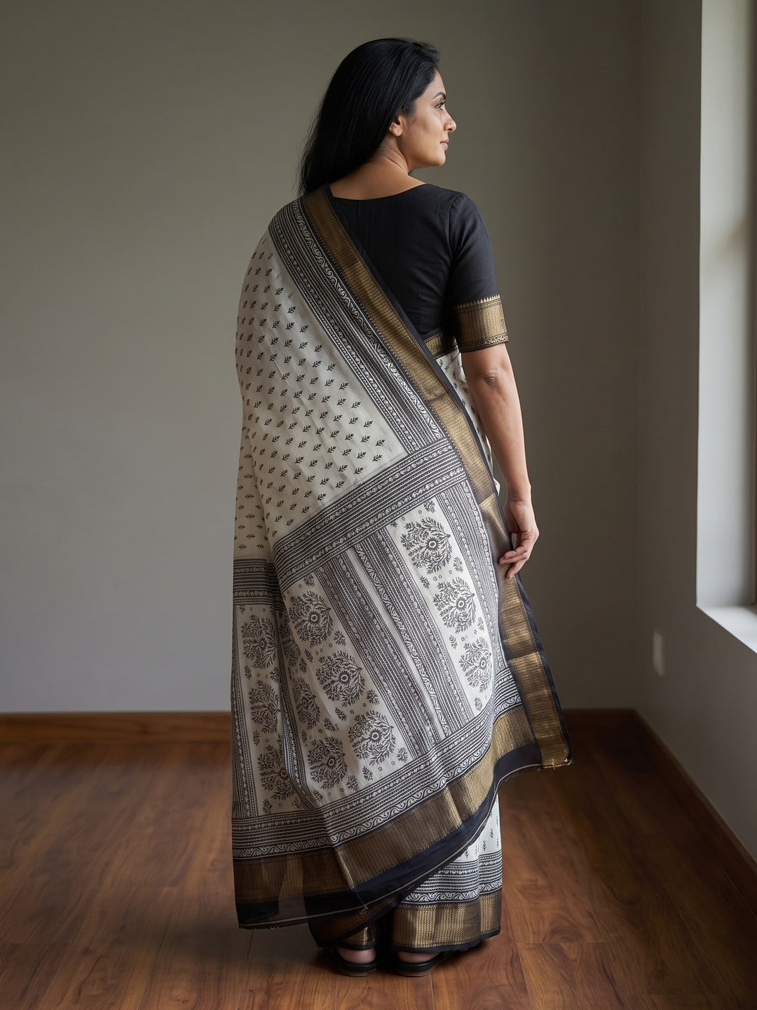 Peachmode White Buti Printed Dola Silk Saree With Black Zari Border - Image 2