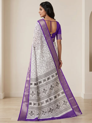 Peachmode White Geometric Printed Dola Silk Saree With Purple Zari Border - Image 2