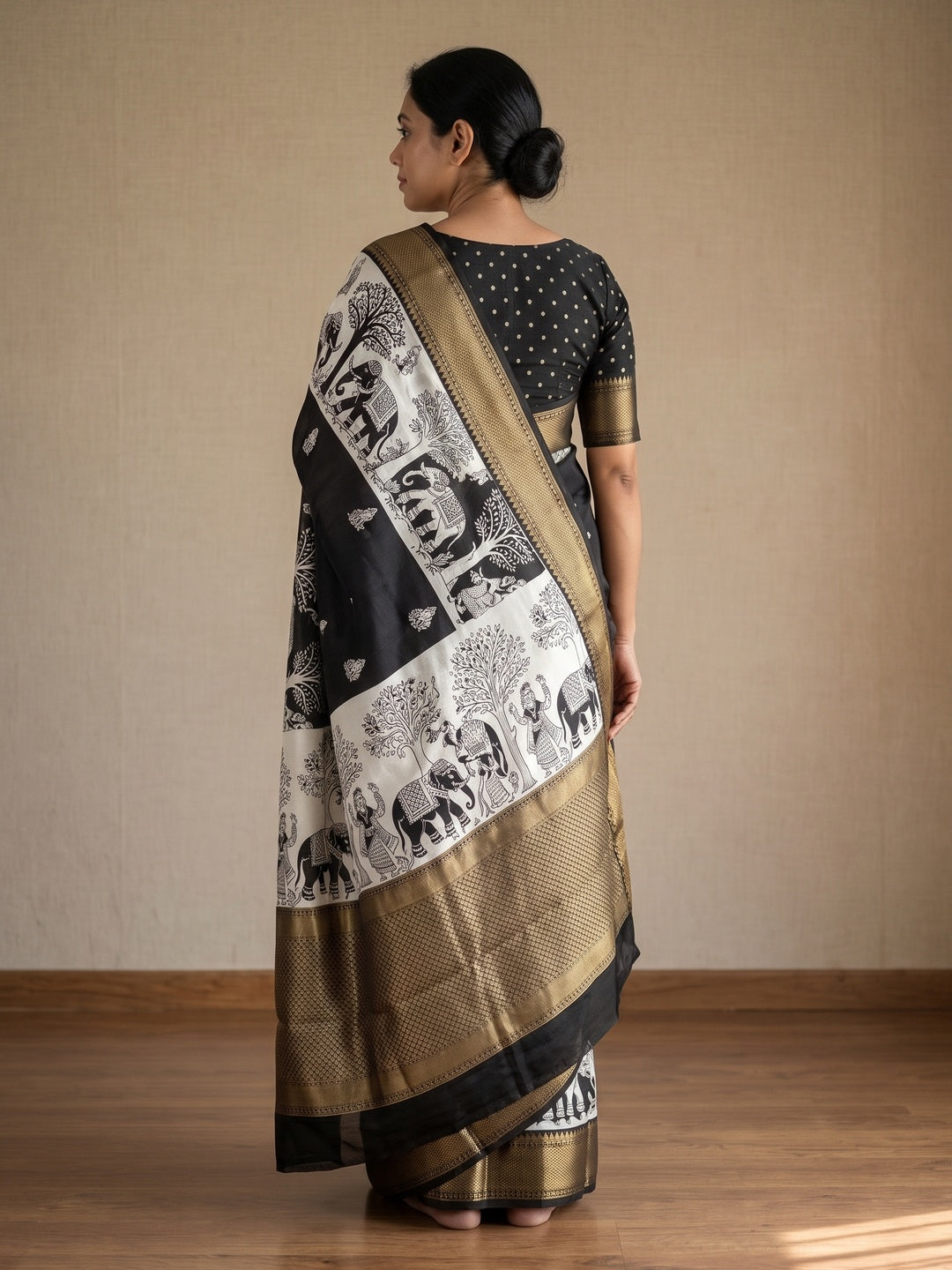 Peachmode Black Kalamkari Printed Dola Silk Saree With Black Zari Border - Image 2