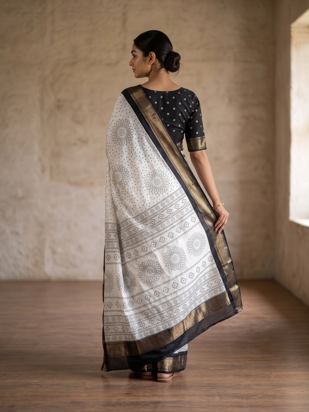 Peachmode White Mandala Dot Printed Dola Silk Saree With Black Zari Border - Image 2