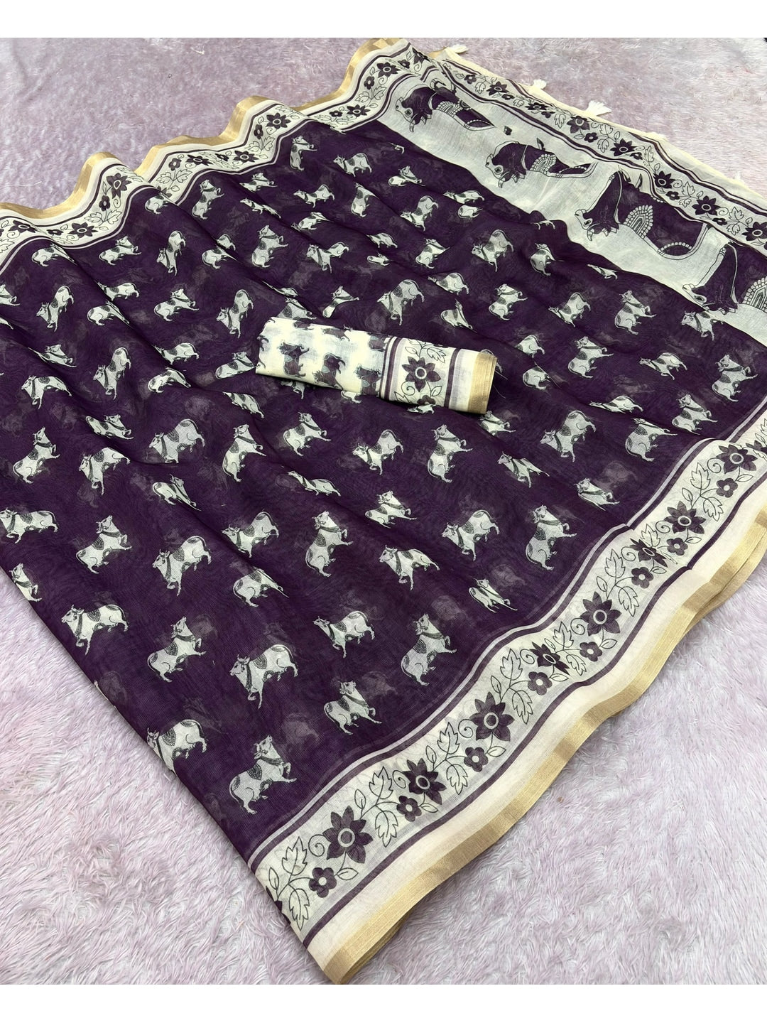 Peachmode Purple Animal Print Linen Cotton Saree - Image 2