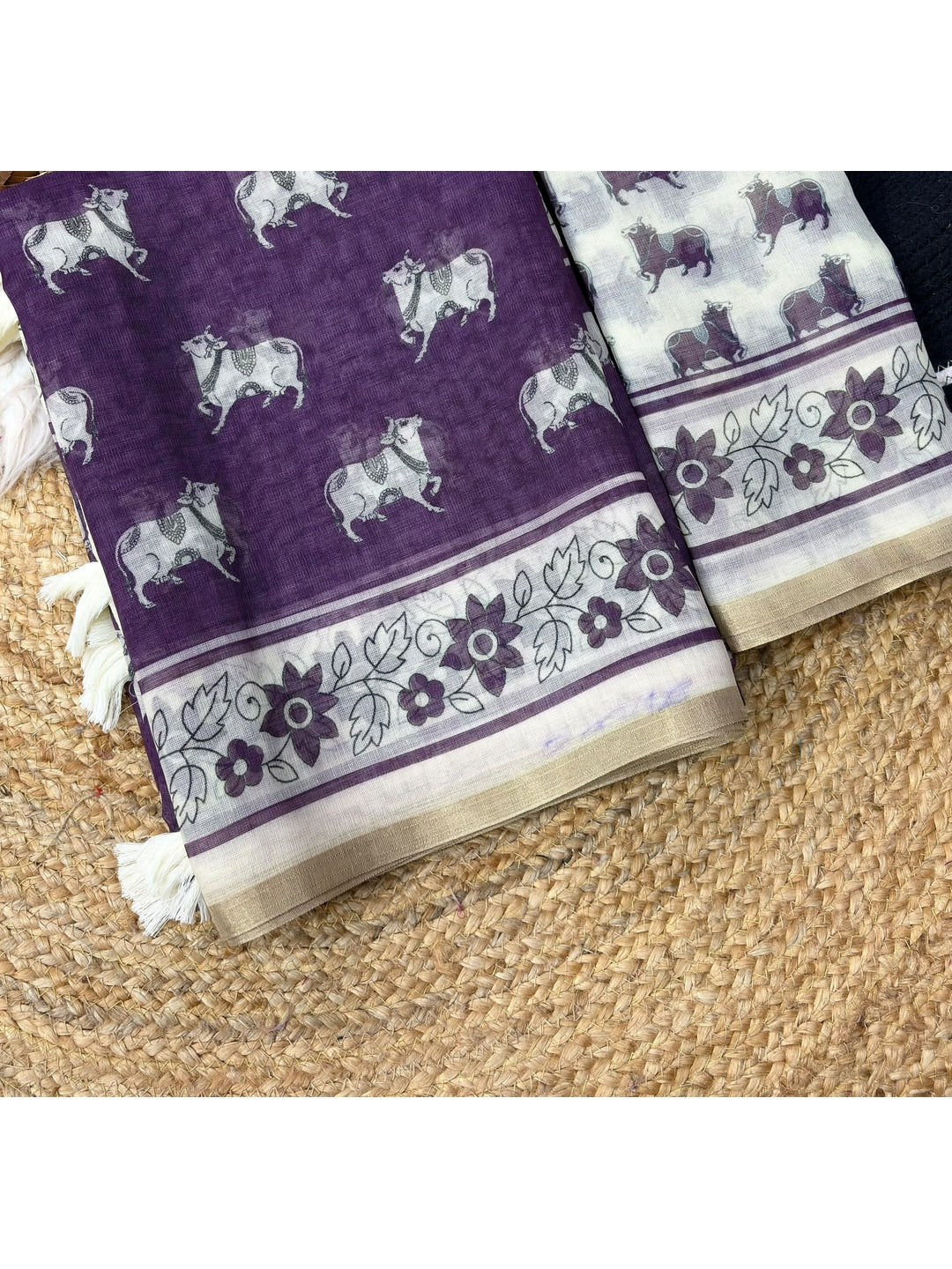 Peachmode Purple Animal Print Linen Cotton Saree - Image 4